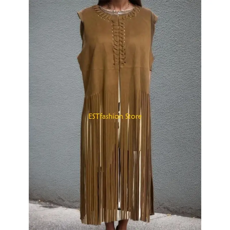 

Y5GC Women Fringe Trim Sleeveless Open Front Vest Jackets Cardigan Outwear Streetwear