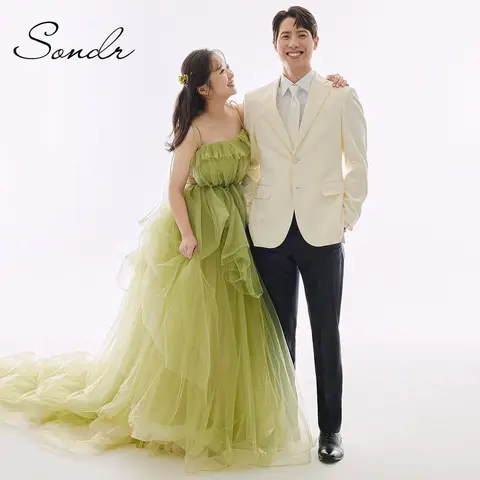 Sondr 웨딩스냅드레스,스파게티 스트랩 한국 웨딩 드레스 맞춤형 세이지 그린 신부 가운 소프트 Tulle 푹신한 리셉션 드레스