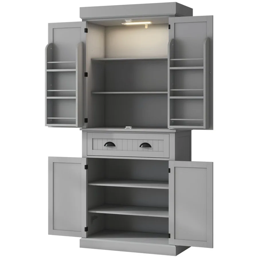 

HOMCOM 71 Kitchen Pantry Storage Cabinet with LED Lights 6 Door Shelves a Drawer and 4 Adjustable Shelves Gray