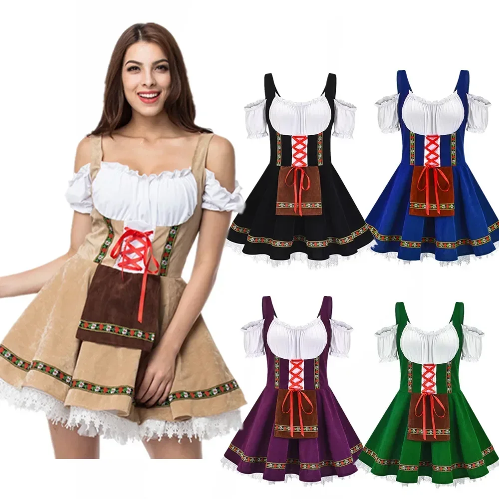 Women Bavaria Oktoberfest Dirndl Dress With Apron Beer Festivals Bartender Waitress Outfit Cosplay Carnival Halloween Party