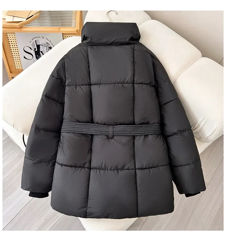 Korean Version of The New Medium Long Loose Stand Collar Down Jacket with Belt, Women Winter Solid Color Warm Zipper Padded Coat