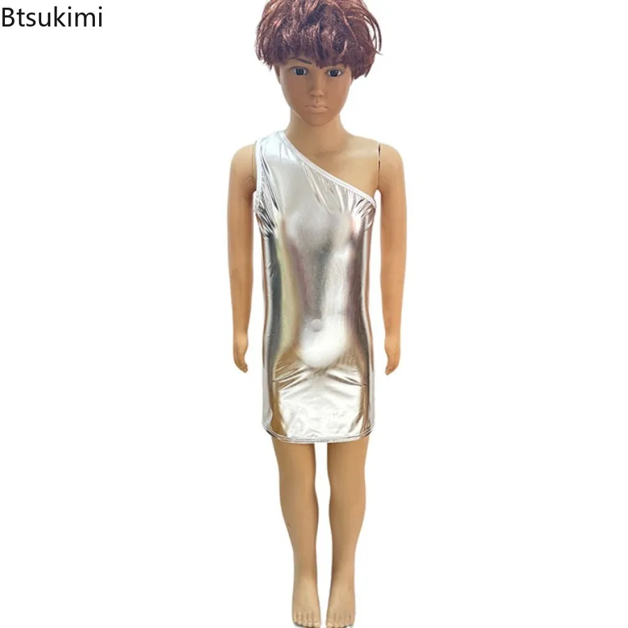 Kids Girls Metallic Shiny Jazz Dance Dress One Shoulder Sleeveless Mini Dress School Show Cheerleading Stage Performance Costume