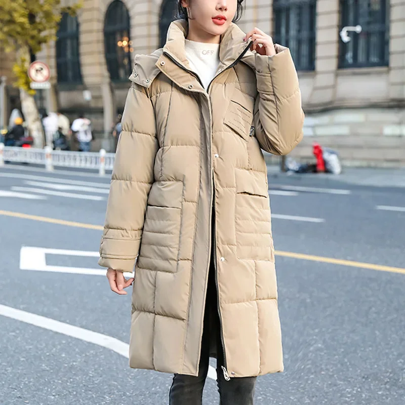 

Winter Down Jacket Women Long Thicken Down Coat with A Hood Straight Elegant Outerwear 2024 Korean Fashion Female Parkas