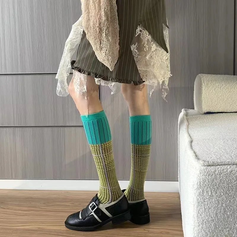 1/3 pairs Retro color blocked fashion versatile knee high socks spring autumn new striped casual comfortable women's socks
