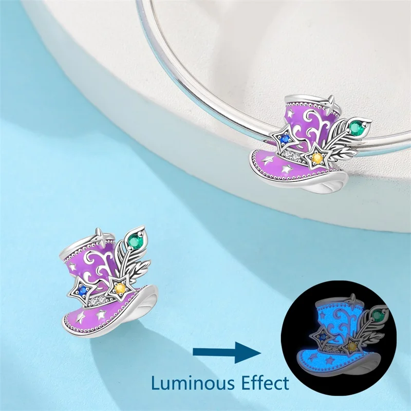 Halloween Party 925 Silver Purple Night Light Castle Magic Hat Pendant Beads Fit Charms Bracelet For Jewelry Making Women Gifts