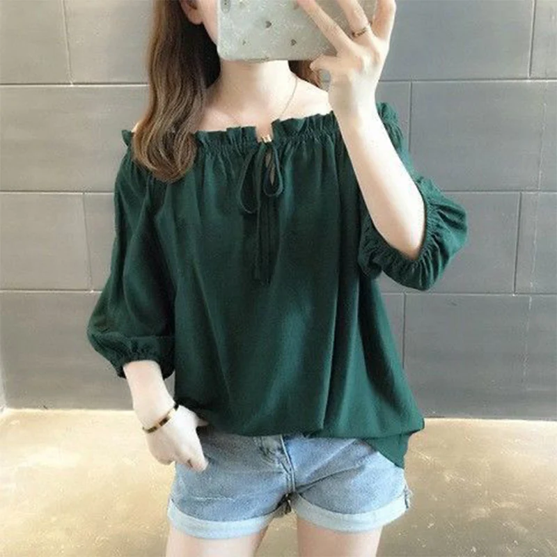 

Women's Clothing Summeer New Super Fairy Sexy One Shoulder T-shirt for Women Casual Loose Ruffle Edge Lace-up Short Sleeves Top
