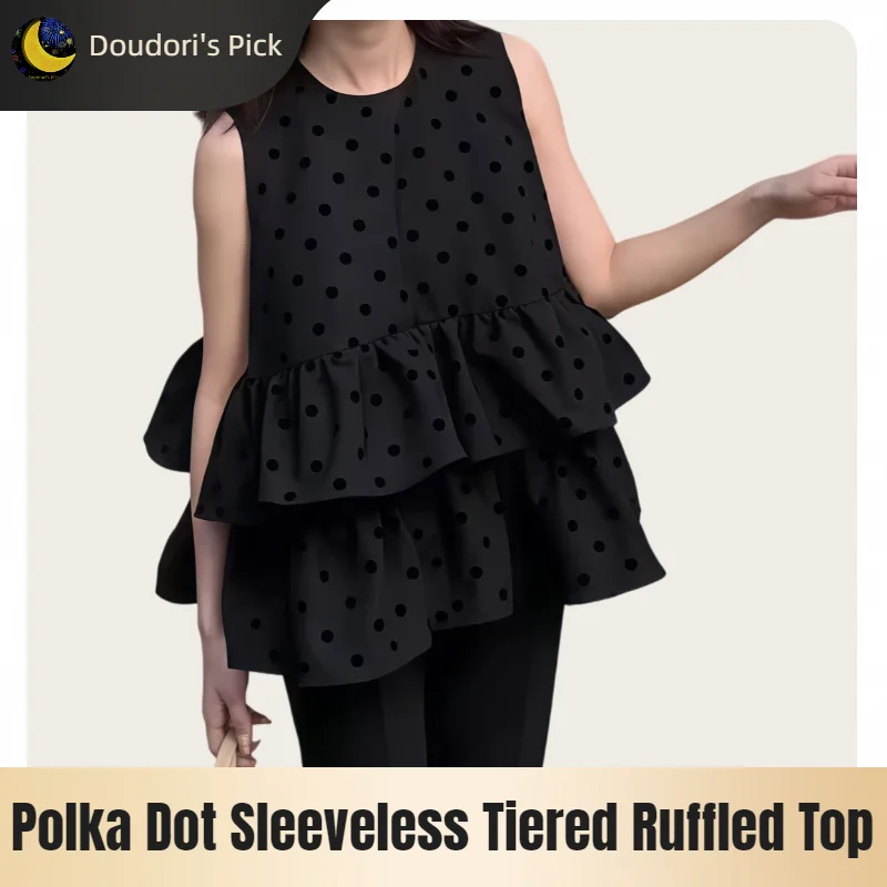 Korean Style Women's Black Polka Dot Top with a Row of Buttons, Double-Sided Design, Sleeveless, Multi-Layered Ruffles