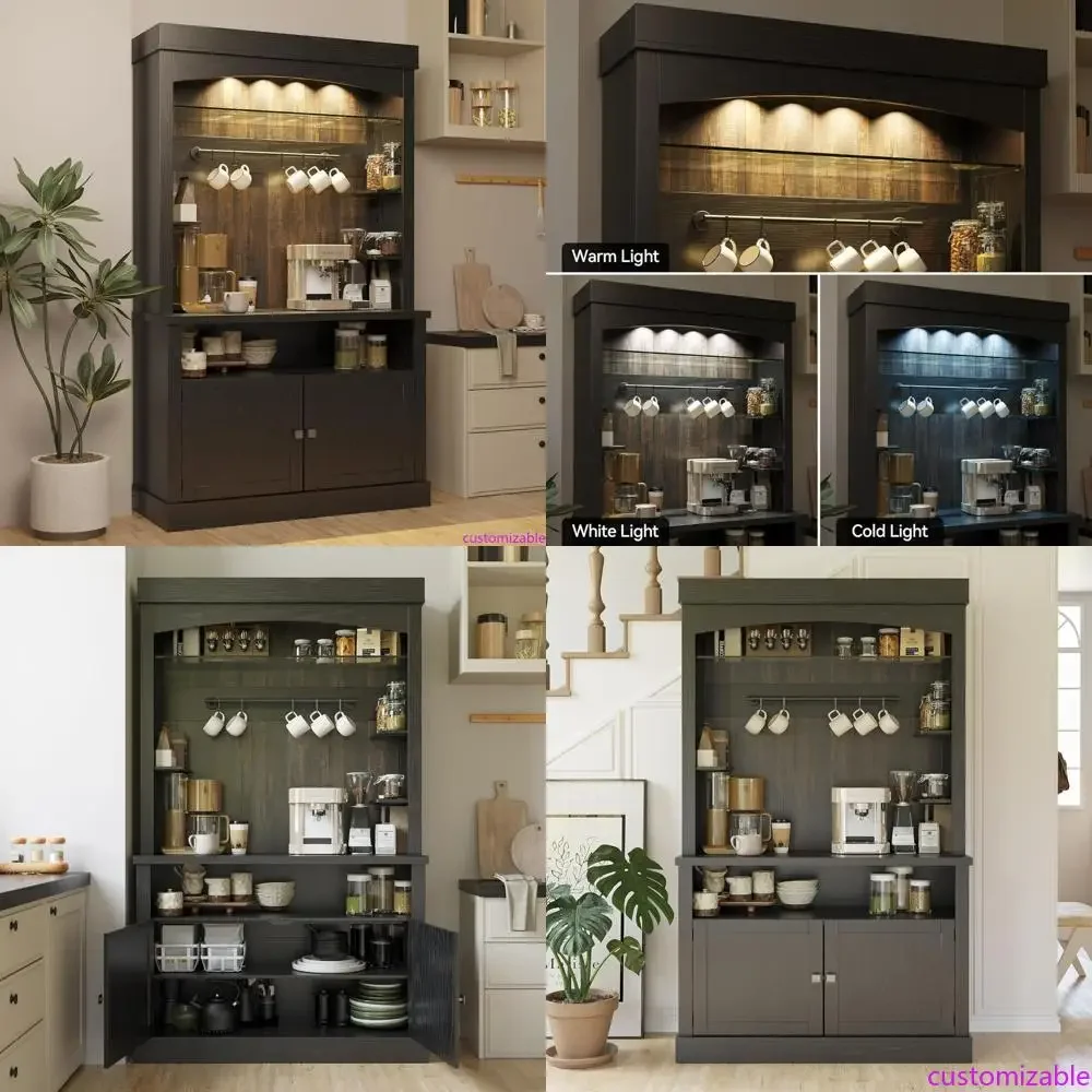 

Кофейный шкаф в стиле фермерского дома с местом для хранения, буфет с LED-подсветкой, 72-дюймовый шкаф для большой кухни, включая место для хранения вина