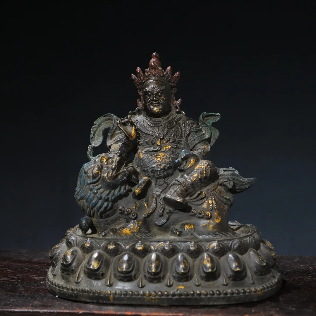 

8"Tibetan Temple Collection Old Bronze Cinnabar Mud gold Vaisravana God of Wealth Sitting Buddha Worship Hall Town house