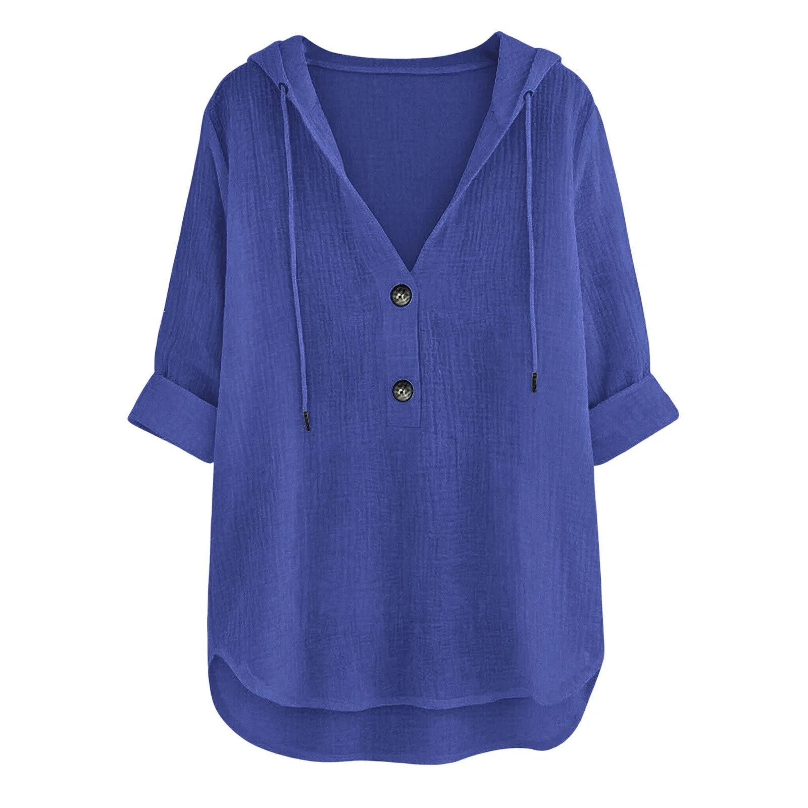 Women Hooded Drawstring V Neck Half Button 3/4 Sleeve Linen Cotton Blouse, Loose Textured Beach Vacation Shirt