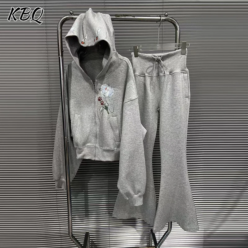 

KBQ Solid Two Piece Sets for Women Hooded Long Sleeve Spliced Zipper Coats High Waist Flare Pants Casual Set Female Fashion New