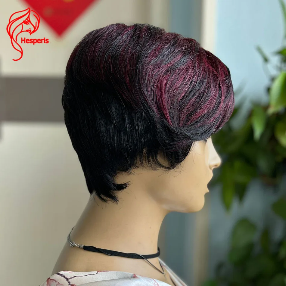 Hesperis Pixie Cut Human Hair Wig With Bangs Red Highlight SHort Bob Full Machine Made Wig For Women Colored 99J Highlights /1b