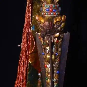 Bronze Painted Mosaic Gem Shell Mahakala Head Dorje Vajra Phurpa Amulet Dharma Box Town house