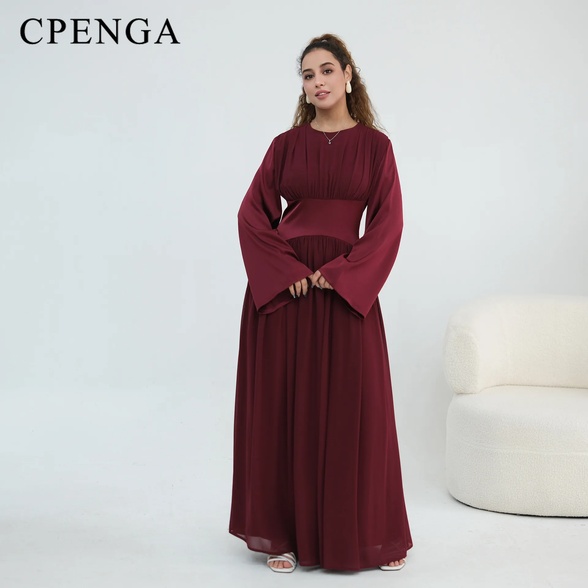 Luxury Dubai Abaya Kaftan for Women 2 Layer Modest Pleated Chiffon Long Sleeve Corset Lace-Up Waist Evening Wedding Party Gown
