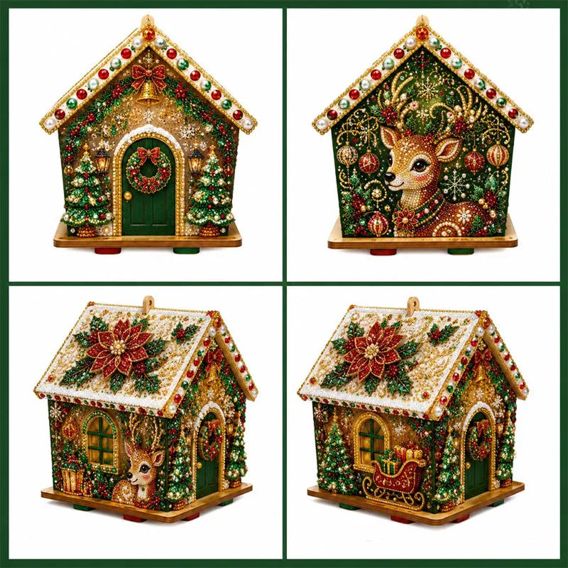3D Beaded Christmas House Kit Pearl Xmas Cottage DIY Craft Set Hand‑made Ornament For Tabletop Display Holiday Decoration