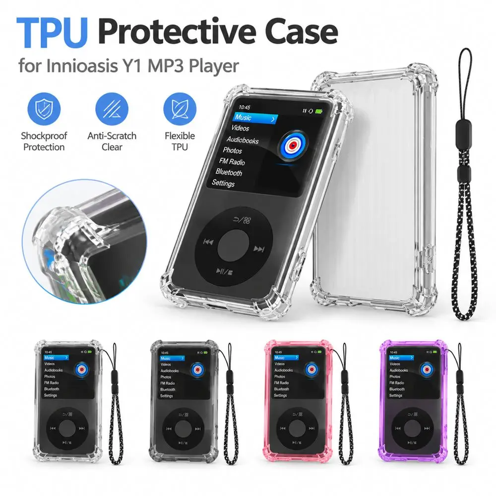 Transparent Protective Case Shockproof Soft TPU MP3 Player Cover with Lanyard Anti-Scratch for Innioasis Y1 MP3 Player