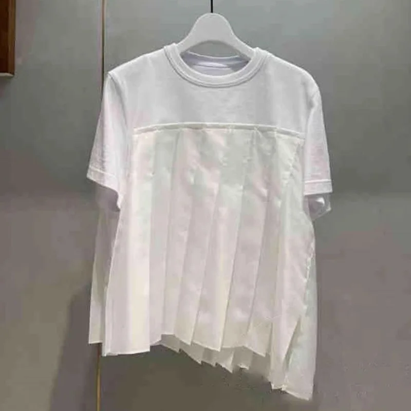 2025 spring and summer new niche pleated patchwork round neck T-shirt loose short sleeve blouse women y2k