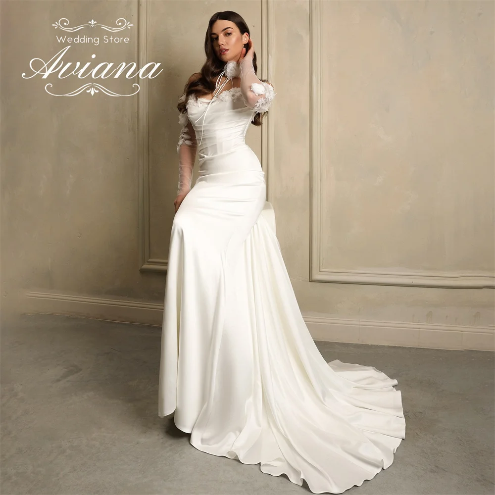 فستان زفاف حورية البحر مزين بالزهور من Aviana مخصص، سويب تراين، طول الأرض، بدون حمالات، أربطة بدون ظهر