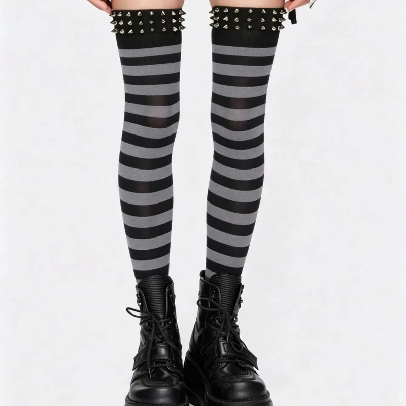 Y2K Harajuku Women Striped Thigh High Socks Punk Aesthetics Rivet Decor Over Knee Long Socks Gothic Streetwear Cosplay Hosiery