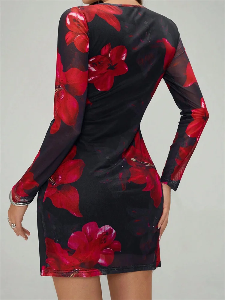 CHRONSTYLE Frauen Frühling Herbst Mini Bodycon Kleid Slim Fit Stilvolle Blume Drucken Rundhals Langarm Bleistift Kleid Weibliche Vestido