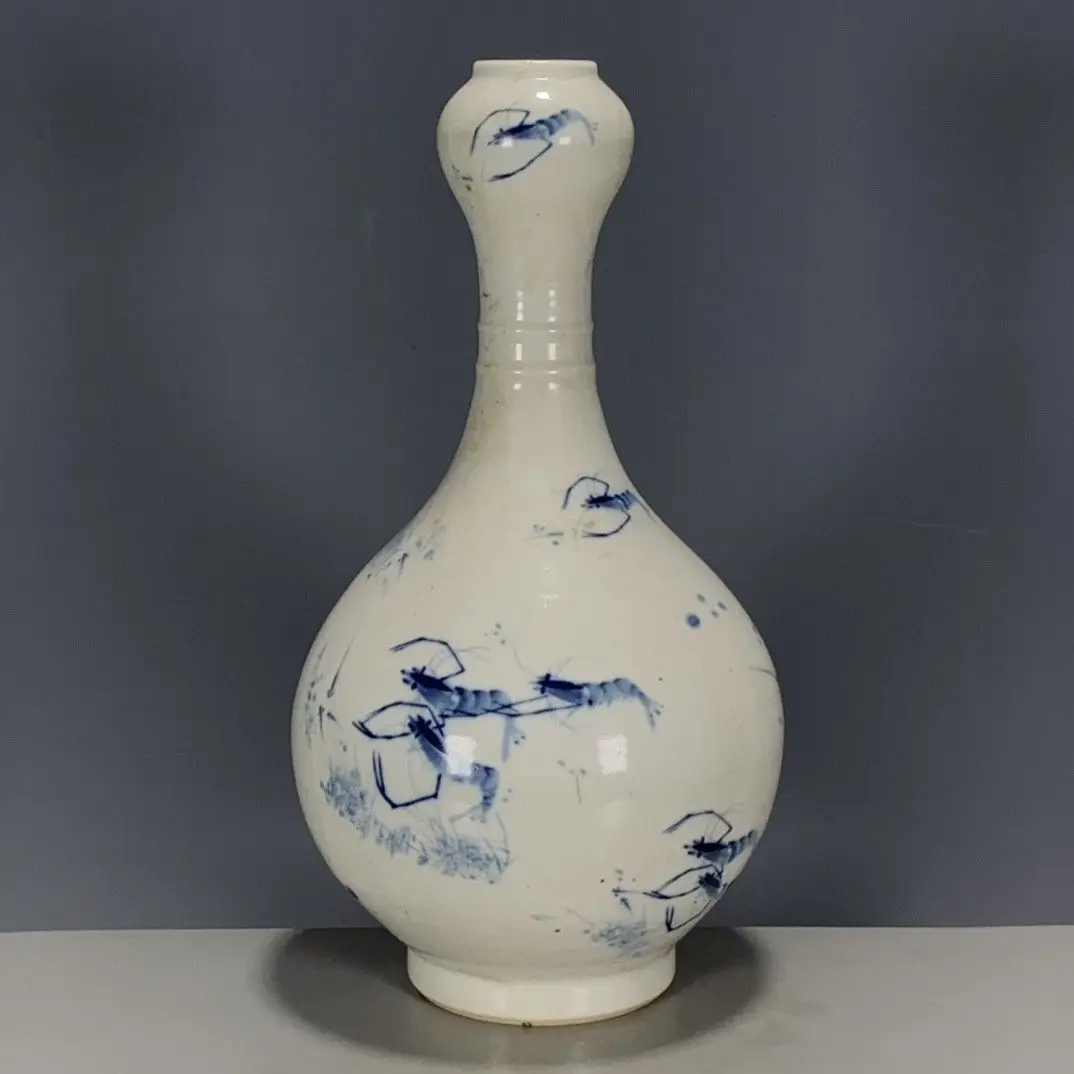 Hongxian Reign Style Underglaze Blue White Garlic Head Vase Hand Painted Shrimp Fun Pattern Vintage Ceramic Collectible Decor