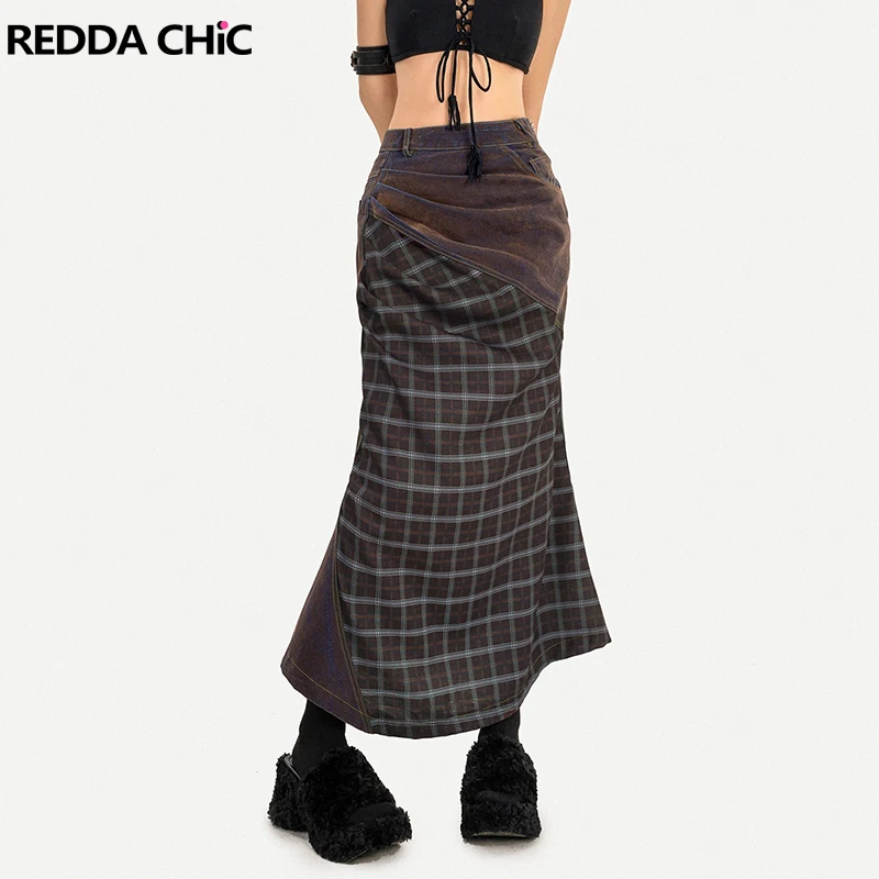REDDACHiC Woman Patchwork Plaid Denim Skirt Distressed Pleated High Rise Mermaid Bodycon Long Skirt Gyaru Y2k Vintage Streetwear