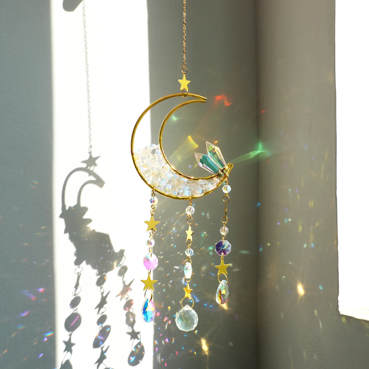 Lua sol apanhador de cristal e pedra sonho apanhador rainbow maker janela suncatcher prism feng shui cristais decoração do jardim caixa de presente