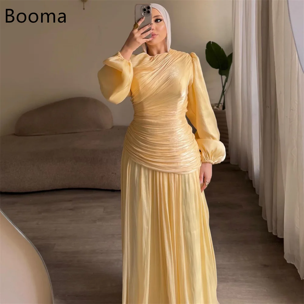 Booma أنيقة على شكل حرف a رقبة دائرية وأكمام طويلة فساتين رسمية رداء حفلات للنساء مطوي فستان حفلات بسيط تخصيص 2025