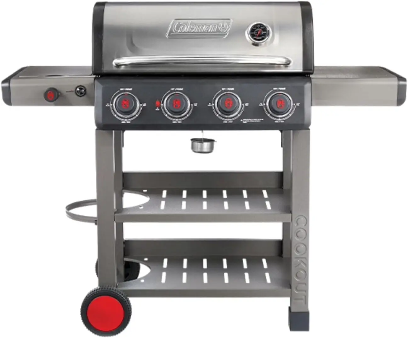 Coleman Cookout 4-Burner 36,000 BTU Propane BBQ Gas Grill with Side Burner, 2-Wheel Cart, 637-Sq. In. Cooking Surface