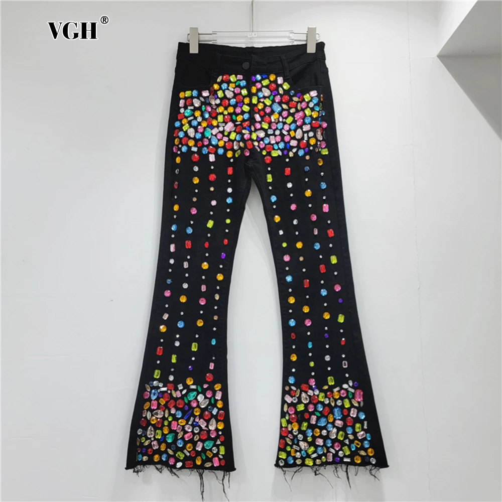 VGH Casual Spliced Diamonds Boot Cut Trousers For Women High Waist Patchwork Raw Edge Hem Slimming Jeans Female Fashion Clothes