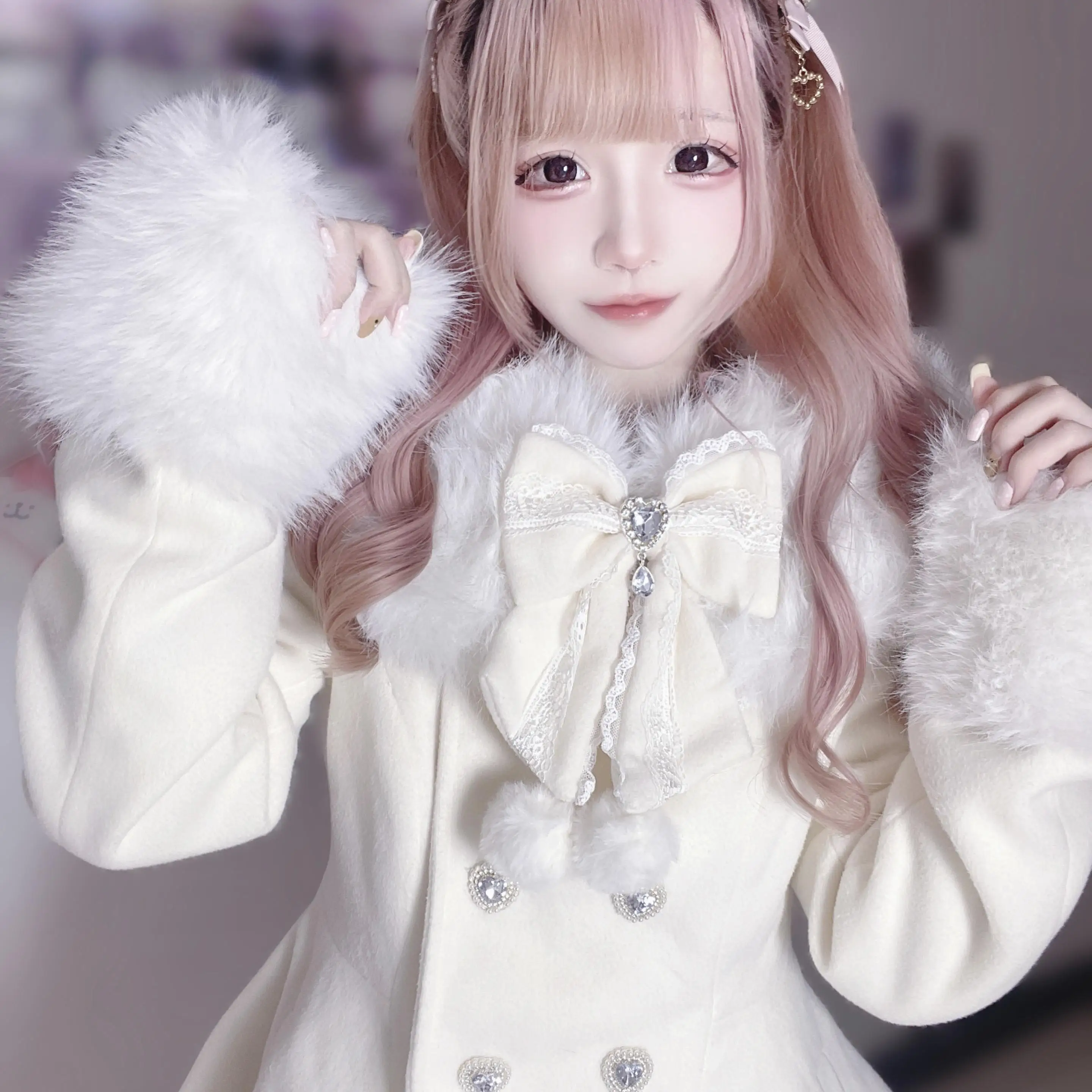 Japanese Mine Style Mass Produce Fur Collar Bow Love Buckle Double-breasted High Waist Short Woolen Coats Women Winter Jackets