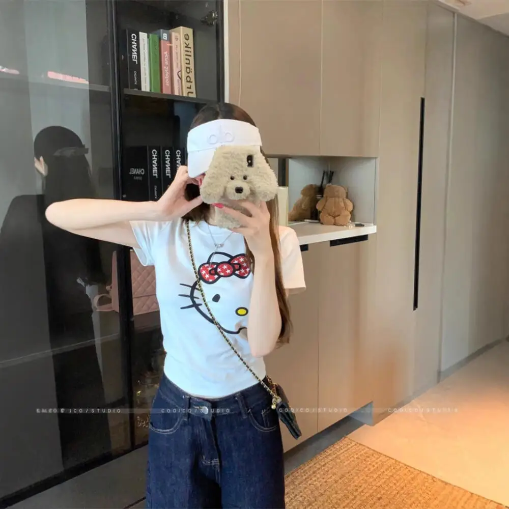 

Casual Soft T-Shirt Cartoon Hello Kitty Cotton Short Sleeve Sanrios Summer Loose Anime Printing Cute Student Girls Couple Tops