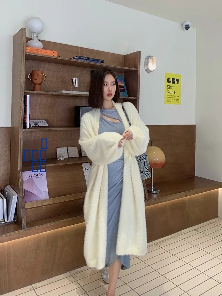 

Hua Hua Yuan Long Sve Knitted Cardigan Women's White Long Coat Fake Fur V-ne Single Button Regular Thin