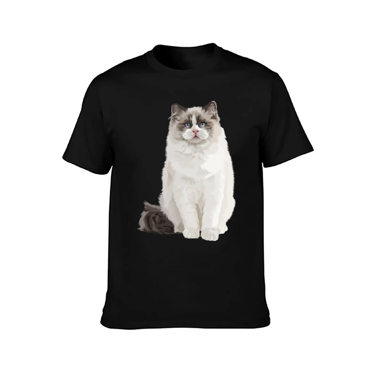 White cute ragdoll cat T-Shirt, Summer Casual Cotton Tee, Oversized Streetwear Tops, Vintage Graphic Print, Unisex Men Women