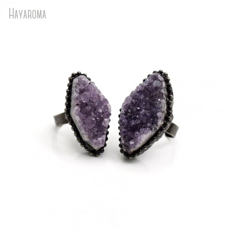 10Pcs Wholesale Soldered Free Form Vintage Handmade Raw Ore Antique Silver Color Tin Amethysts Druzy Cluster Ring RM50401