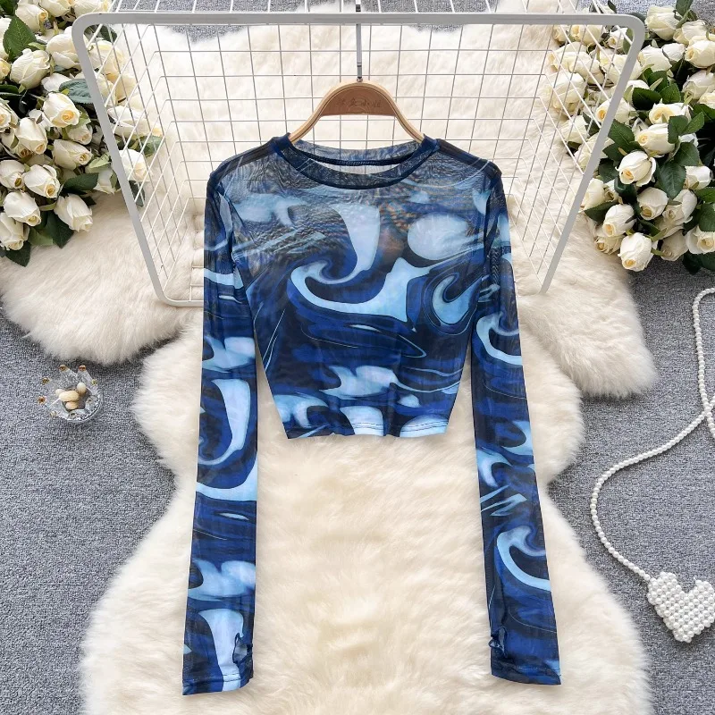 Fashion Sexy See-through tie-dyed Woman Tshirts Female Strange Taste Girl Hip-hop Clothes Y2k Aesthetic Mesh Hollowing Smock 94