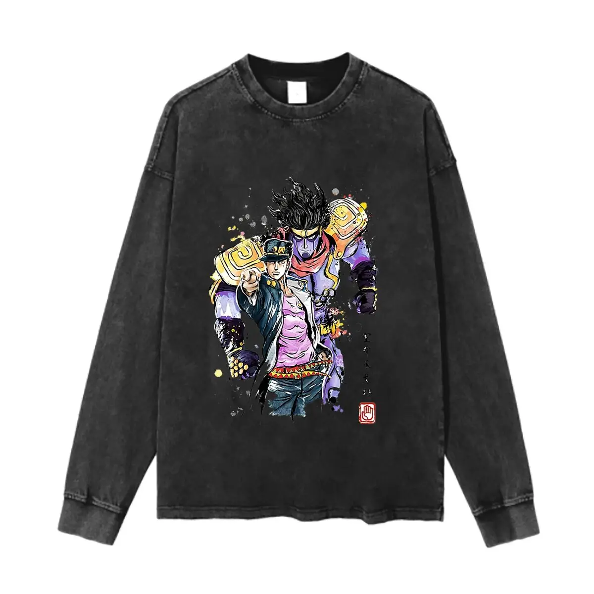Jojo's Bizarre Adventure Art Washed Vintage Long Sleeves Cotton Tee Shirt Solid O Collared For Men's And Women's