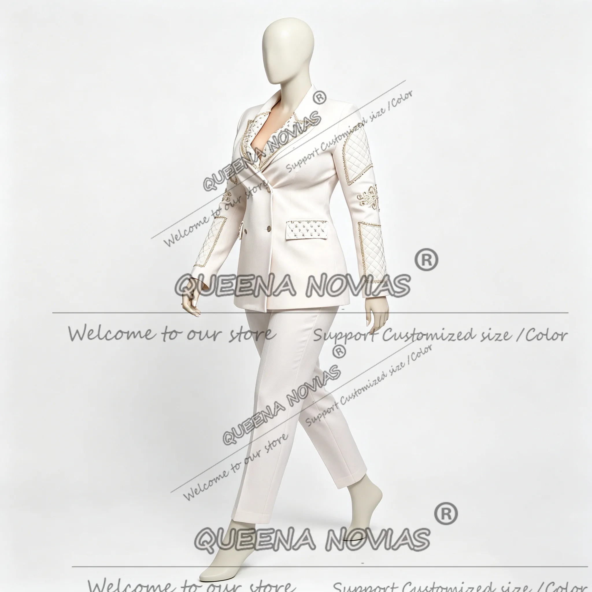 Exclusive Women Pant Suits 2 Pieces Sets Crystals Beading Prom Blazers Customized Lady Tuxedos Formal Wear Female Party Outfits