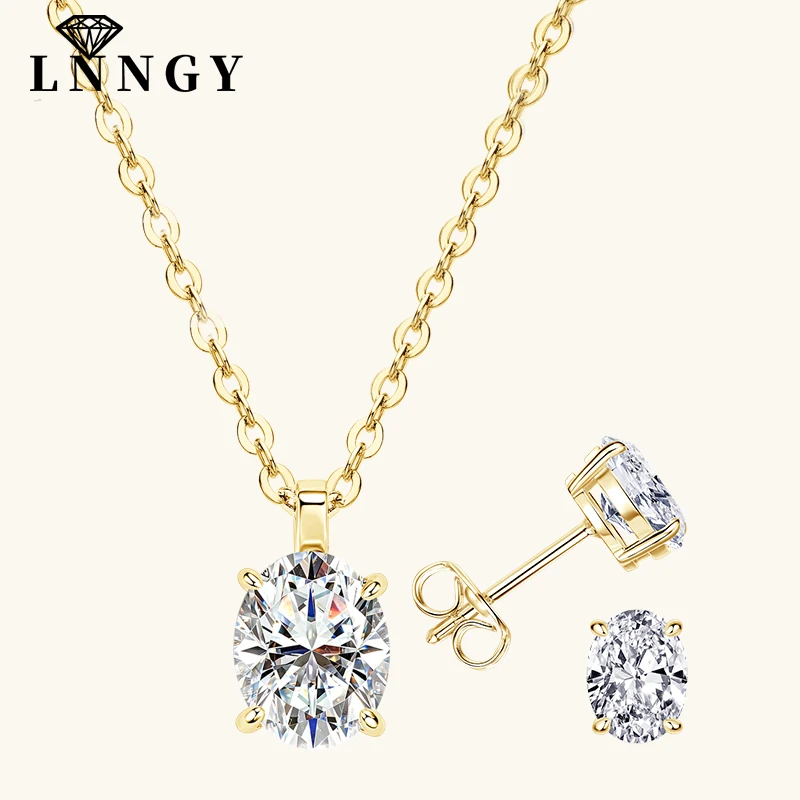 Lnngy Certified Oval Cut Moissanite Earring Necklace Jewelry Set For Women Solitaire Lab Diamond Stud Earrings Pendant Necklaces