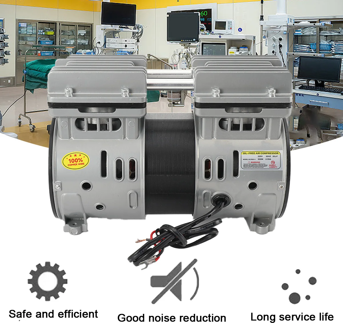 550W Zweizylinder-ölfreier Luftkompressor-Pumpenkopf 220V 8Bar 125L/min 65dB, Zweizylinder-Silent-Kompressorpumpe mit Überhitzungsschutz für Airbrush, Nagelkunst, Spritzlackierung und Werkstatt – 1400