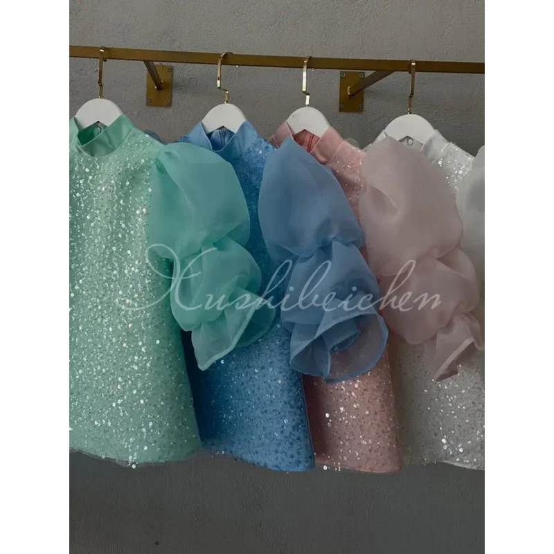 

Girls' New Sequin Puff Sleeve Piano Performance First Birthday Sweet Princess Dress