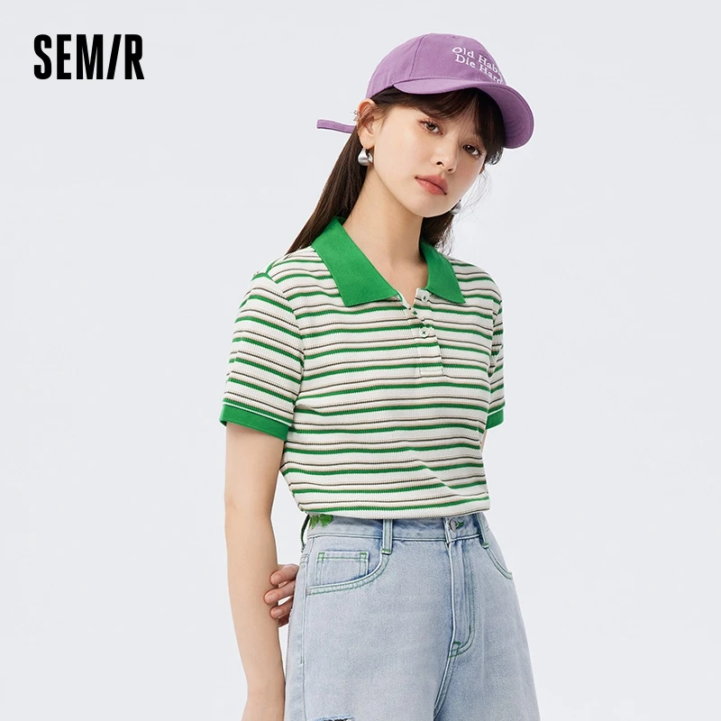 Semir Polo Shirt Women Tight 2023 Summer New Soft Waffle Striped Shirt T-shirt