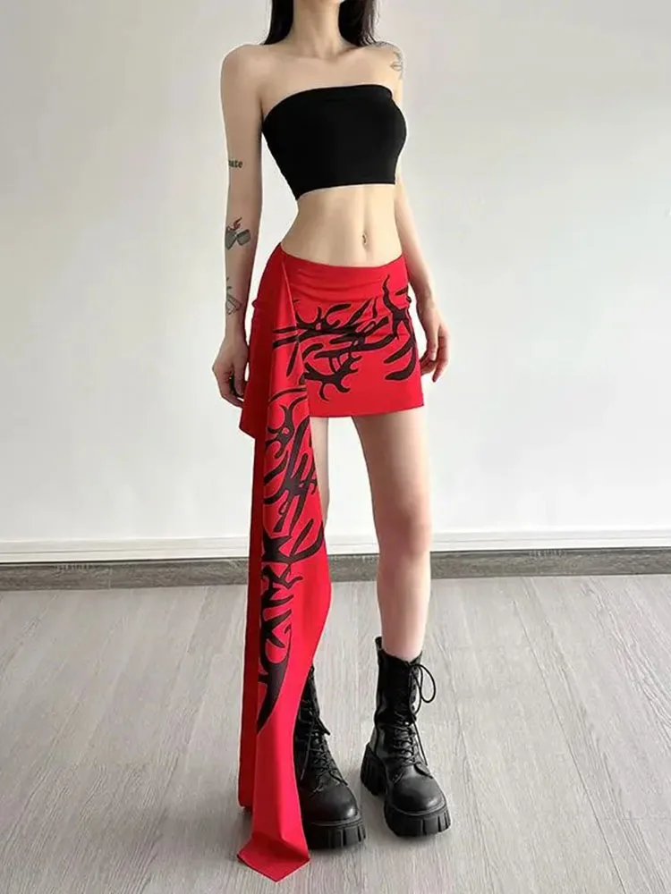 Y2k Aesthetic Graffiti Print Mini Skirt Women Harajuku Sexy Irregular Ribbon Waist Slim Fit Skirts Retro Streetwear Ins