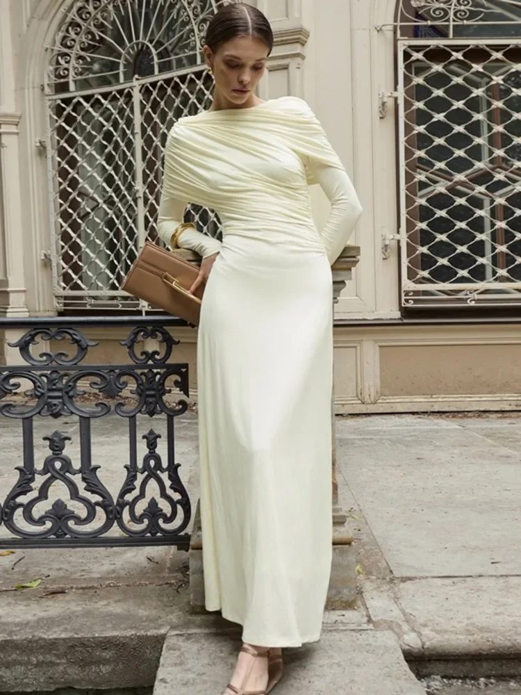 

Long Sleeve Ruched Sexy Maxi Dress Women Autumn Winter New Irregular O Neck High Waist Bodycon Club Party Dress Female