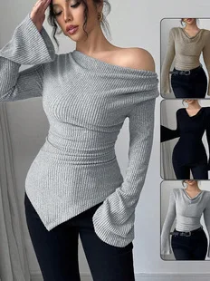 Women's Long Sve Striped Base irt European Sle Slim Fit Knitted Polyester Fiber Skin-friendly Breathable Casual Top