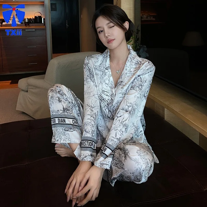 TXii Newlook Autumn 2024 New Pajamas Women's Ice Silk Long Sleeve Cardigan suit Explosions Printed Home Clothes for Outer Wear