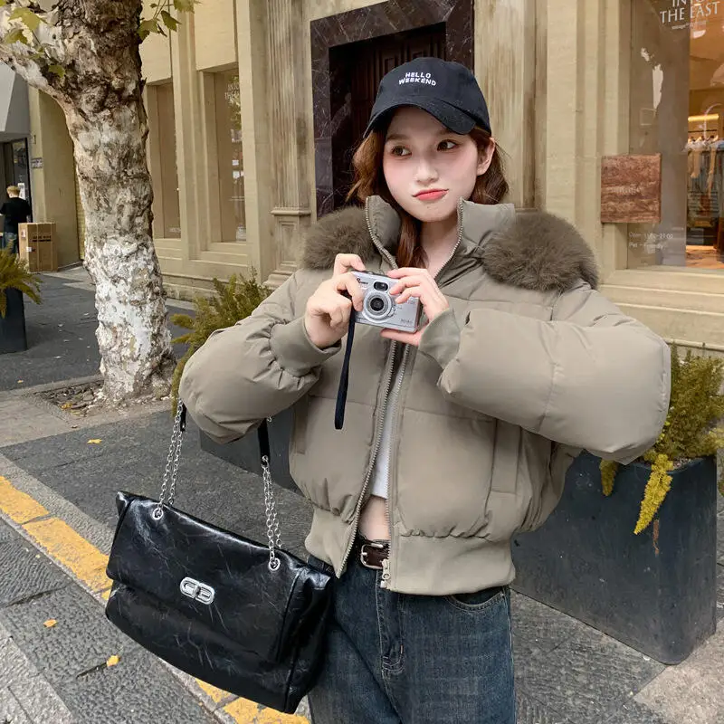 

Women's Down Cotton Jacket Winter Retro Hooded Fur Collar Bread Thickened Short Student Cotton Padded Jacket Coat Puffer Jacket