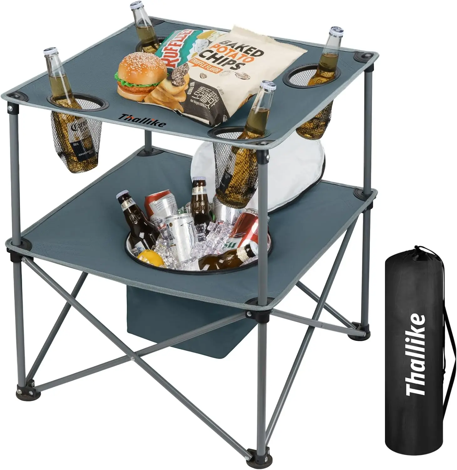 

Portable Folding Camping Table with Cooler & 4 Cup Holders, Beach Tailgating Table with Carry Bag - Grey