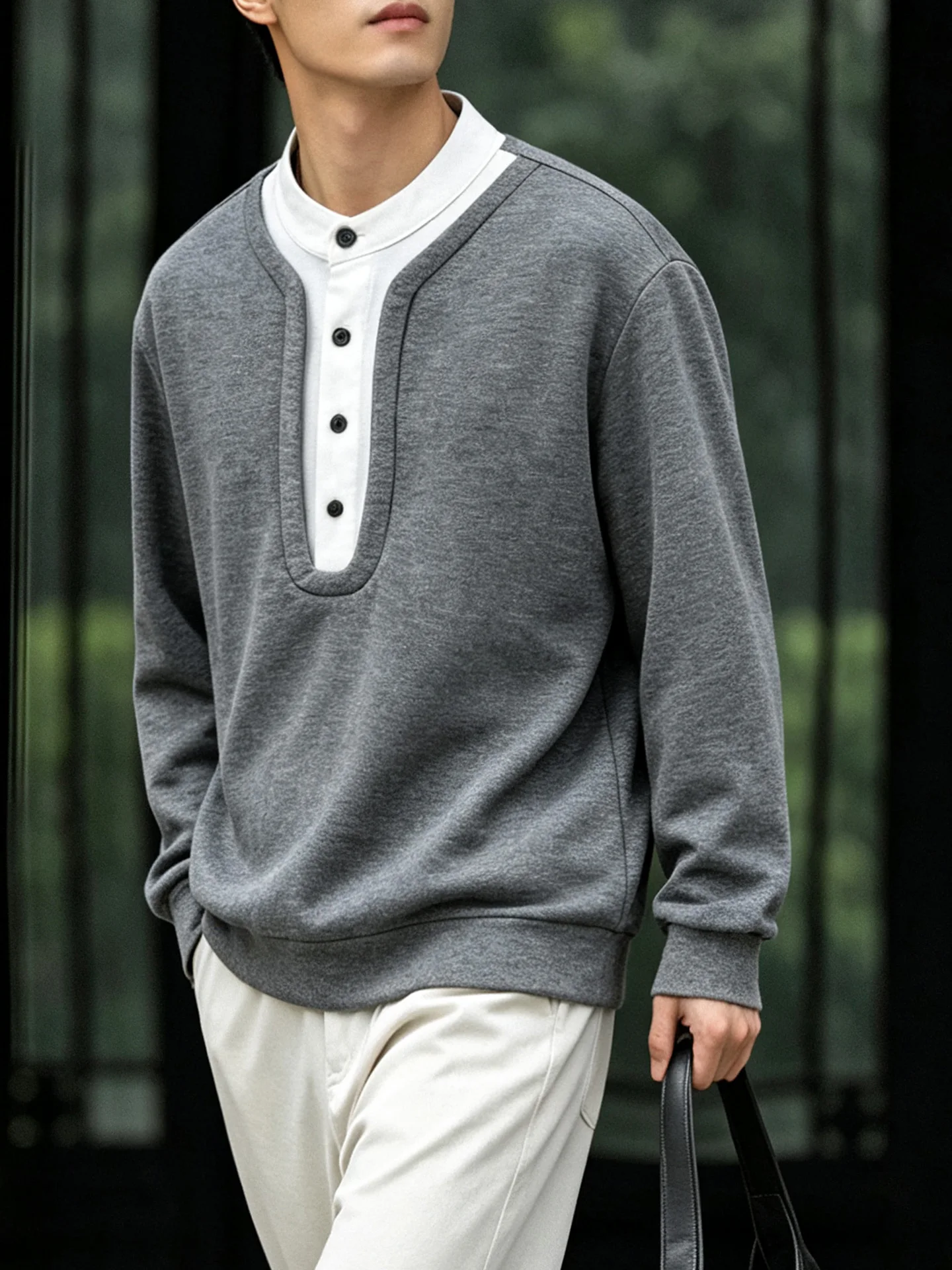Loose Fit Men's Hoodie Sweatshirt Henry Collar Long Sleeve Casual Outerwear Comfortable Autumn New Style Polyester Blend