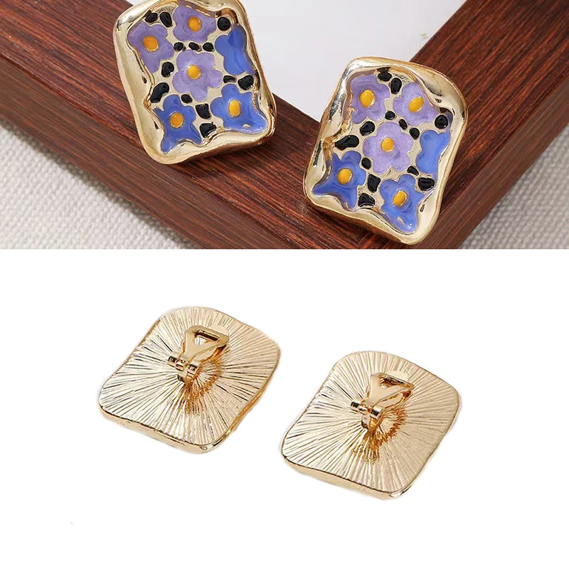 French retro niche irregular square enamel flower clip on earrings non pierced fresh personalized earrings for women Trendy 2023